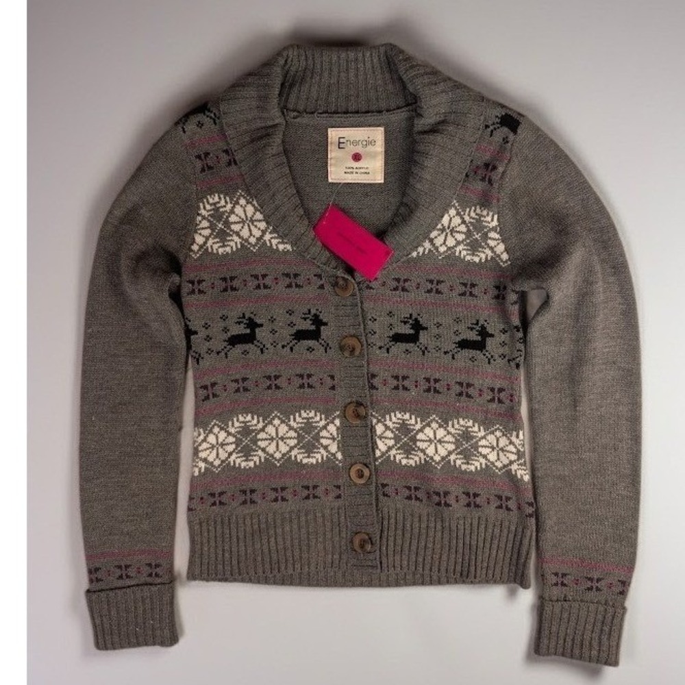 Energie Womens Fair Isle Reindeer Shawl Collar Cardigan Sweater Grey XL NWT
